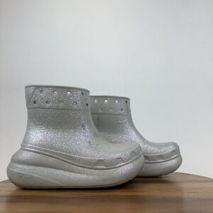 Womens‎ Crocs Crush Glitter Gray Platform Waterproof Wedge Rain Boots Size 5 GUC